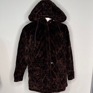 Jones New York sport jacket, coat 2 tone brown floral pattern zipper hood Large